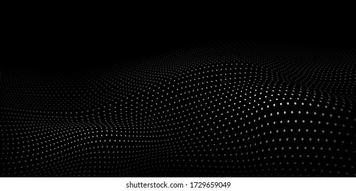 Abstract halftone background with wavy surface made of gray dots on black