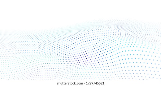 Abstract halftone background with wavy surface made of light blue dots on white