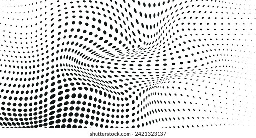 Abstract halftone background with wavy surface made of gray dots on white
