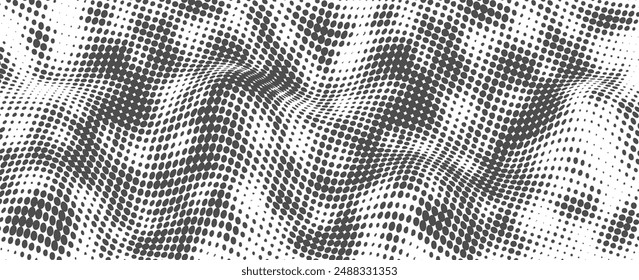 Abstract halftone background with wavy surface made of gray dots on white