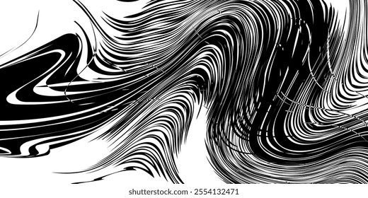 abstract halftone background with wavy surface consisting of black lines on white