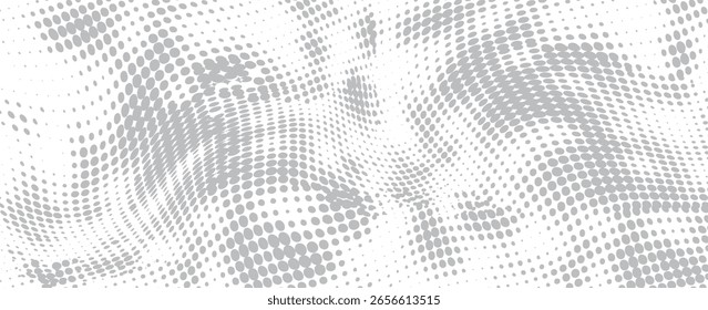 Abstract halftone background with wavy surface made of gray dots on white