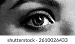 Abstract halftone banner with a pop art eye, black design elements, and a surreal love-inspired background in retro style.