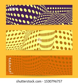 Abstract halftone banner template with visual distortion effect. Optical art background. Warped 3D space. Futuristic vector illustration with circles on flat colored background
