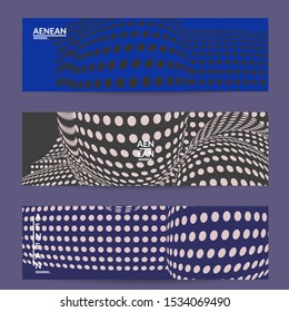 Abstract halftone banner template with visual distortion effect. Optical art background. Warped 3D space. Futuristic vector illustration with circles on flat colored background