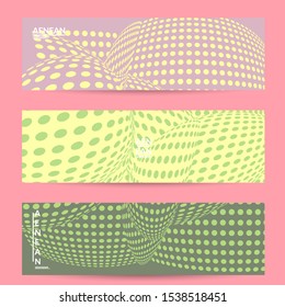 Abstract halftone banner template with visual distortion effect. Optical art background. Warped 3D space. Futuristic vector illustration with circles on flat colored background
