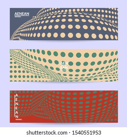 Abstract halftone banner template with visual distortion effect. Optical art background. Warped 3D space. Futuristic vector illustration with circles on flat colored background