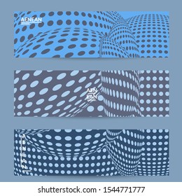 Abstract halftone banner template with visual distortion effect. Optical art background. Warped 3D space. Futuristic vector illustration with circles on flat colored background