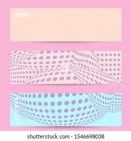Abstract halftone banner template with visual distortion effect. Optical art background. Warped 3D space. Futuristic vector illustration with circles on flat colored background