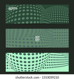 Abstract halftone banner template with visual distortion effect. Optical art background. Warped 3D space. Futuristic vector illustration with circles on flat colored background