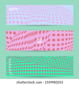 Abstract halftone banner template with visual distortion effect. Optical art background. Warped 3D space. Futuristic vector illustration with circles on flat colored background