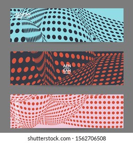 Abstract halftone banner template with visual distortion effect. Optical art background. Warped 3D space. Futuristic vector illustration with circles on flat colored background