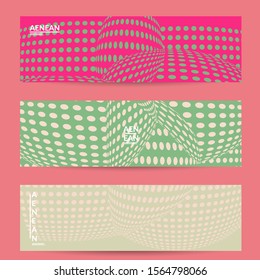Abstract halftone banner template with visual distortion effect. Optical art background. Warped 3D space. Futuristic vector illustration with circles on flat colored background