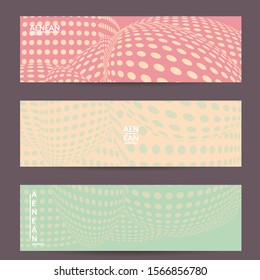 Abstract halftone banner template with visual distortion effect. Optical art background. Warped 3D space. Futuristic vector illustration with circles on flat colored background