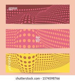 Abstract halftone banner template with visual distortion effect. Optical art background. Warped 3D space. Futuristic vector illustration with circles on flat colored background