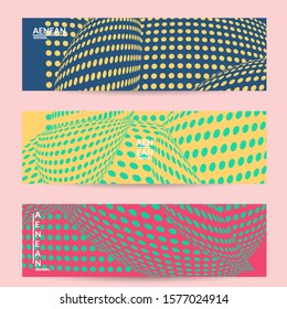 Abstract halftone banner template with visual distortion effect. Optical art background. Warped 3D space. Futuristic vector illustration with circles on flat colored background
