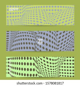 Abstract halftone banner template with visual distortion effect. Optical art background. Warped 3D space. Futuristic vector illustration with circles on flat colored background