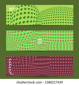 Abstract halftone banner template with visual distortion effect. Optical art background. Warped 3D space. Futuristic vector illustration with circles on flat colored background