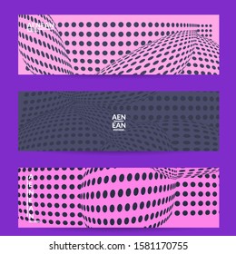 Abstract halftone banner template with visual distortion effect. Optical art background. Warped 3D space. Futuristic vector illustration with circles on flat colored background