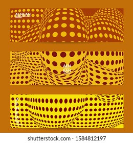 Abstract halftone banner template with visual distortion effect. Optical art background. Warped 3D space. Futuristic vector illustration with circles on flat colored background