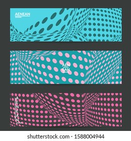 Abstract halftone banner template with visual distortion effect. Optical art background. Warped 3D space. Futuristic vector illustration with circles on flat colored background