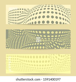 Abstract halftone banner template with visual distortion effect. Optical art background. Warped 3D space. Futuristic vector illustration with circles on flat colored background