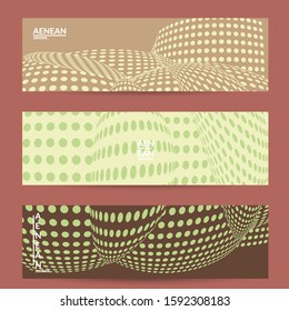 Abstract halftone banner template with visual distortion effect. Optical art background. Warped 3D space. Futuristic vector illustration with circles on flat colored background