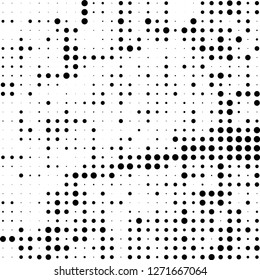 Abstract halftone. Black dots on white background. Chaotic monochrome texture