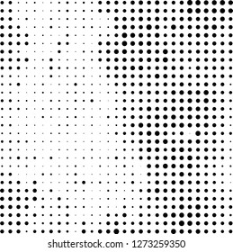 Abstract halftone. Black dots on white background. Chaotic monochrome texture