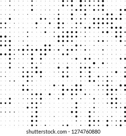 Abstract halftone. Black dots on white background. Chaotic monochrome texture