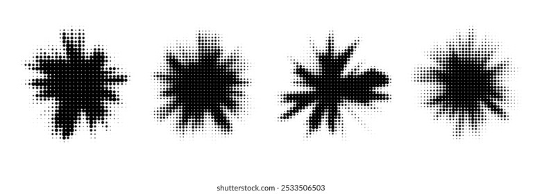Abstract halftone black ink splatters on a white background 