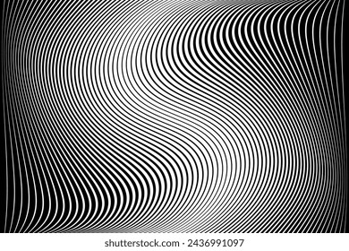 Abstract Halftone Black and White Wavy Lines Textured Background with 3D Illusion and Twisting Movement Effect. Vector Op Art Illustration.