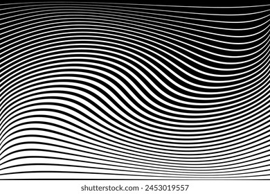 Abstrakter Halbton Schwarz-Weiß-Wellenlinien Strukturierter Hintergrund mit 3D-Illusion und Drehbewegungseffekt. In: Vektorgrafik op art illustration.