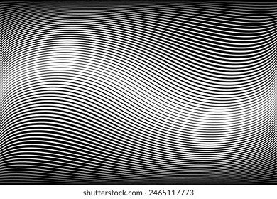 Abstrakter Halbton Schwarz-Weiß-Wellenlinien Strukturierter Hintergrund mit 3D-Illusion und Drehbewegungseffekt. In: Vektorgrafik op art illustration.