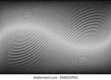 Abstrakter Halbton Schwarz-Weiß-Wellenlinien Strukturierter Hintergrund mit 3D-Illusion und Drehbewegungseffekt. In: Vektorgrafik op art illustration.