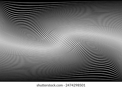 Abstract Halftone Black and White Wavy Lines Textured Background with 3D Illusion and Twisting Movement Effect. Vector Op Art Illustration.