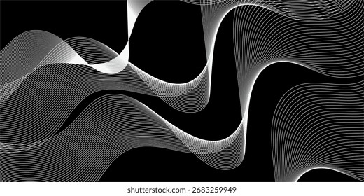 Fondo Abstractas de líneas onduladas blancas y negras de semitono con ilusión 3D y efecto de movimiento de torsión. Vector Op Art Ilustración.