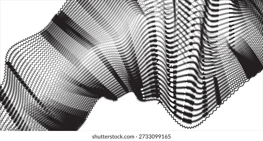 Abstract Halftone Black and White Wavy Lines Textured Background with 3D Illusion and Twisting Movement Effect. Vector Op Art Illustration.