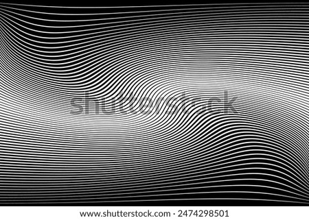 Abstract Halftone Black and White Wavy Lines Textured Background with 3D Illusion and Twisting Movement Effect. Vector Op Art Illustration.