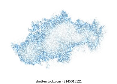 Abstract Halftone Blue Cloud, Isolated on White Background. Frozen Motion of Round Particles.  Modern Dotted Futuristic Backdrop. Vector Illustration, Eps 10.
