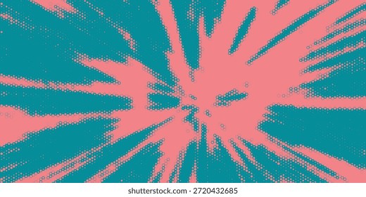 Un fondo de camuflaje de semitono abstracto con sha orgánicaUn fondo abstracto llamativo con una explosión dinámica o efecto de explosión estelar creado con patrones de puntos de semitono. Las Formas rosadas intensas irradian desde los centerpes y las texturas punteadas en tonos azulados y beige apagados.