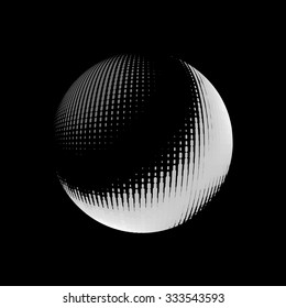 Abstract halftone circle design. White round icon on black background, abstract globe symbol, business concept. Abstract white dotted sphere. Stippled background