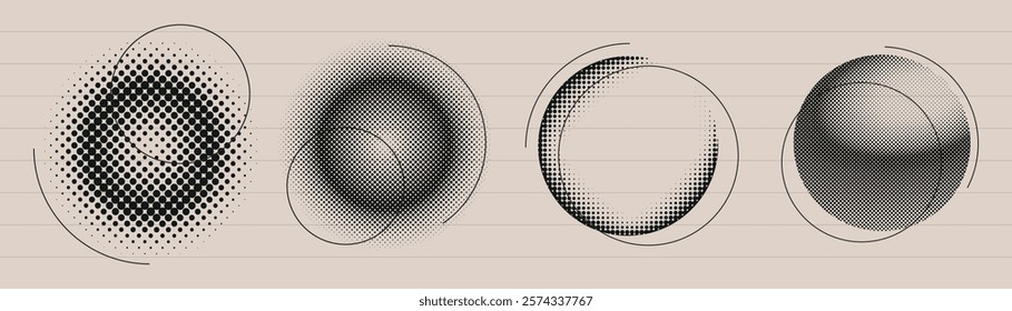 Abstract halftone circles in grayscale. Halftone patterns create dynamic circles. Grayscale circles with halftone effects. Artistic halftone circle designs. Graphic element vector illustration set.