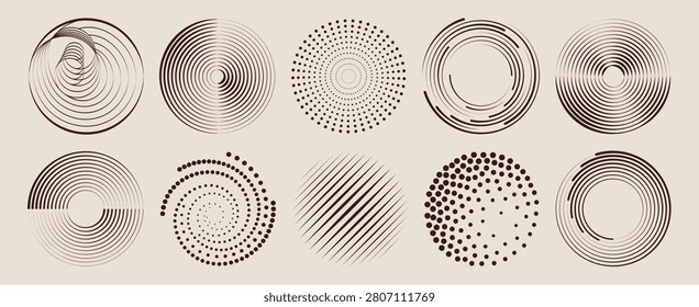 Abstract halftone circles set isolated on background. Vector realistic illustration of circular shapes with dot pattern and radial waves, modern geometric design, swirling lines and gradient effect