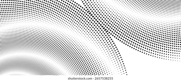 Fondo circular de semitono Abstractas con patrón de remolino punteado negro. Diseño dinámico ideal para carteles, temas tecnológicos, cómics o imágenes de estilo retro.