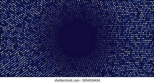 Abstract halftone circular background. Blue dot pattern on dark background. Bright vintage wallpaper vector illustration. Shining vibrant retro glow. Modern 3d art design.