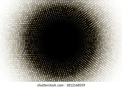 Abstract halftone circular background. Gold, grey, amber dot pattern on black background. Bright vintage wallpaper vector illustration. Shining vibrant retro glow. Modern 3d art design.
