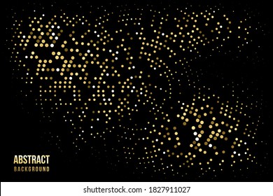 Abstract halftone circular background. Gold, grey, amber dot pattern on black background. Bright vintage wallpaper vector illustration. Shining vibrant retro glow. Modern 3d art design.