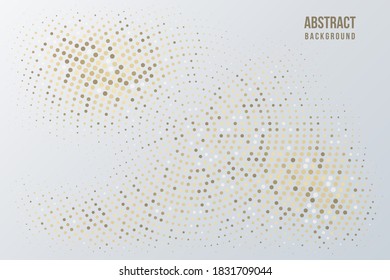 Abstract halftone circular background. Gold, grey, amber and black dot pattern. Bright vintage wallpaper vector illustration. Shining vibrant retro glow. Modern 3d art design.