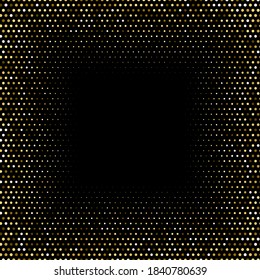 Abstract halftone circular background. Gold, amber dot pattern on black square background. Bright vintage wallpaper vector illustration. Shining vibrant retro glow. Modern 3d art design.